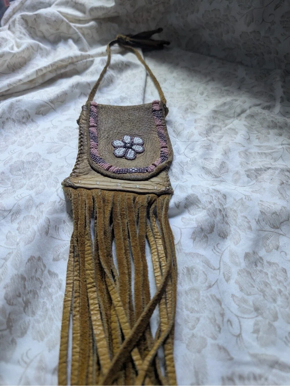 Vintage Handmade Leather Fringe Purse with Beaded Flower Design